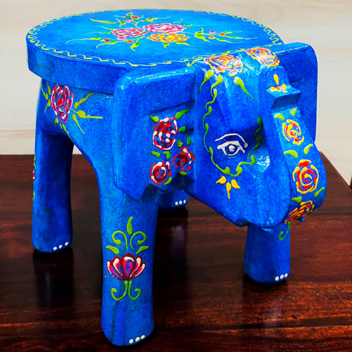 Blue Hand Painted Elephant Stool Indoor Furniture