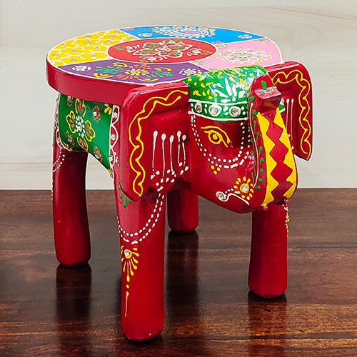 Red with Multicolour Hand Painted Elephant Stool