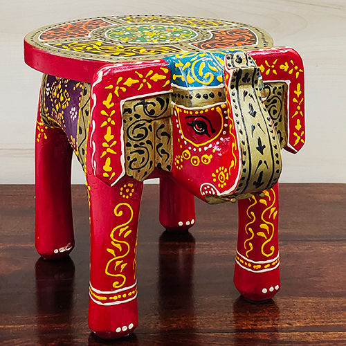 Red Hand Painted Elephant Stool
