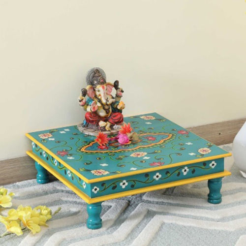 Teal Blue Wooden Hand Painted Chowki Indoor Furniture