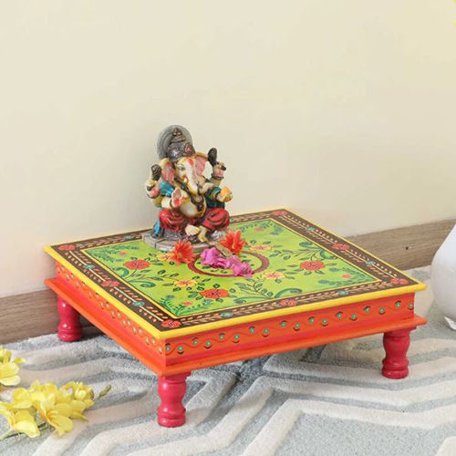 Orange Wooden Hand Painted Chowki Indoor Furniture