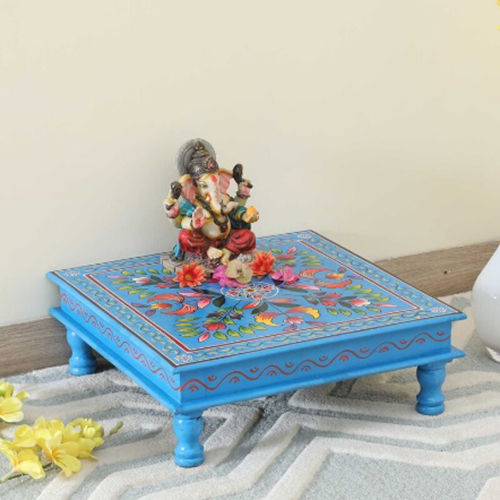 Blue Wooden Hand Painted Chowki