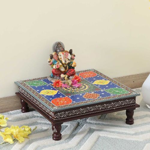 Multicolour Wooden Hand Painted Chowki Indoor Furniture