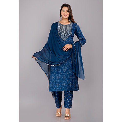 Different Available Reyon Printed Blue Kurti And Dupatta Set