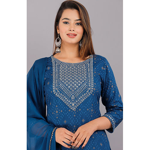 Reyon Printed Blue Kurti And Dupatta Set