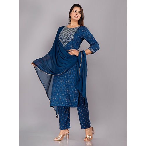 Reyon Printed Blue Kurti And Dupatta Set