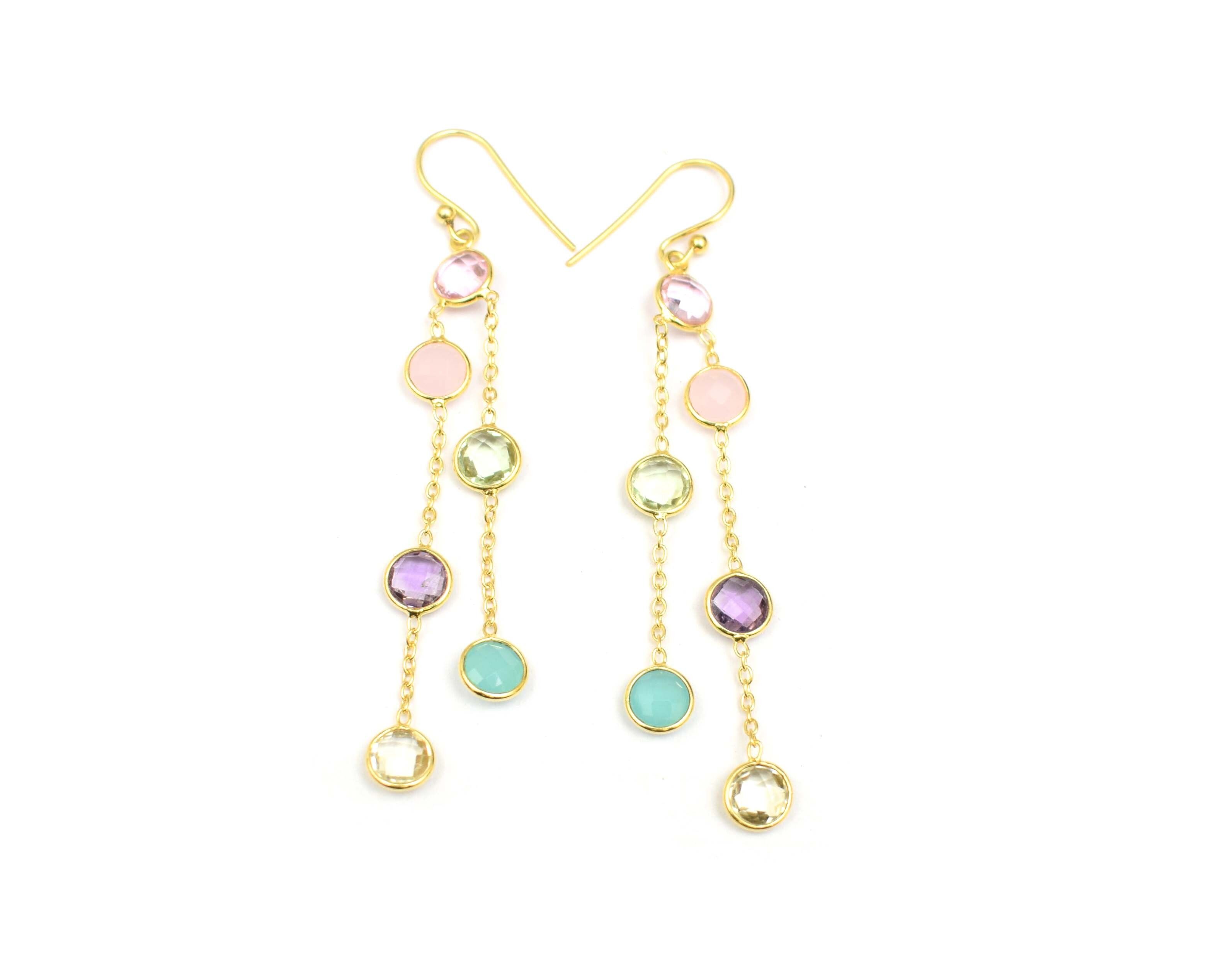 925 Sterling Silver Gold Plated Multi Gemstone Earring