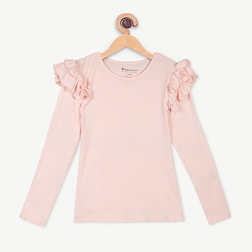 Different Available Baby Pink Bamboo Fabric Girls Ruffled Shoulder Top