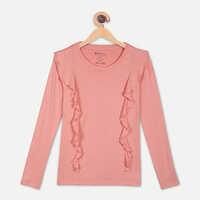 Peach Bamboo Fabric Girls Front Ruffle Top - Bamboo Fabric, Women's Ruffled Shoulder Design, Elegant Peach Color With Stylish Front Ruffle