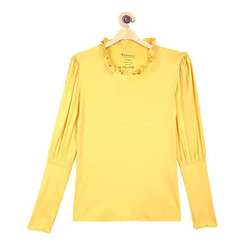 Yellow Bamboo Fabric Girls Ruffle Neck Top