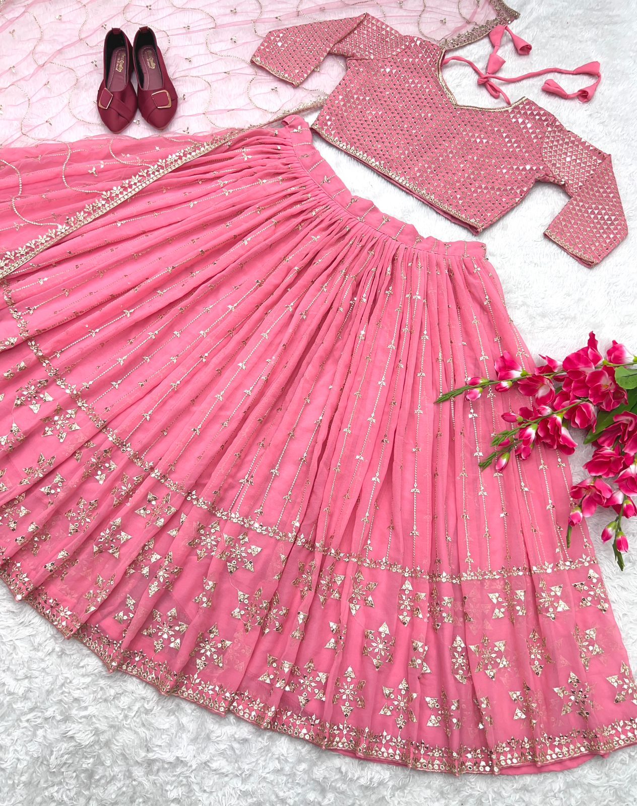 Real Modling Georgette With Heavy Siqwans Embroidery Work Lehenga Choli