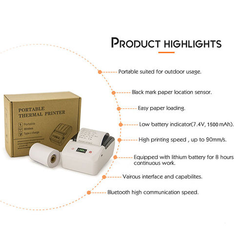 Portable Receipt Printer With 1500mAh Rechargeable Battery