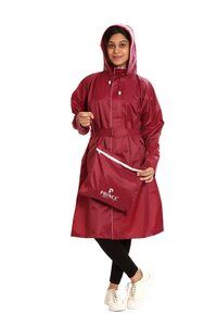 Female Polyester Red Long Raincoat