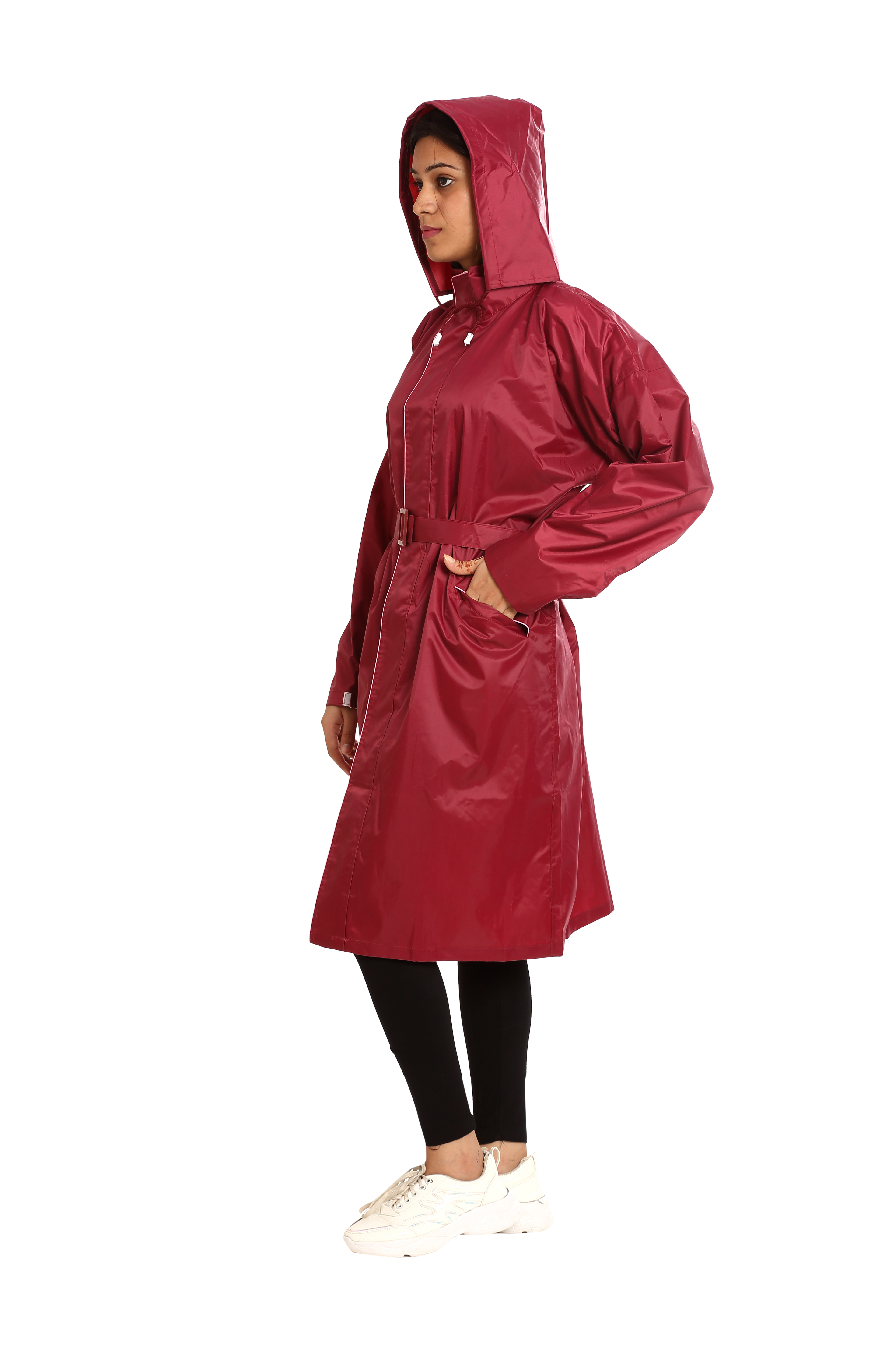 Female Polyester Red Long Raincoat