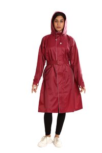 Female Polyester Red Long Raincoat