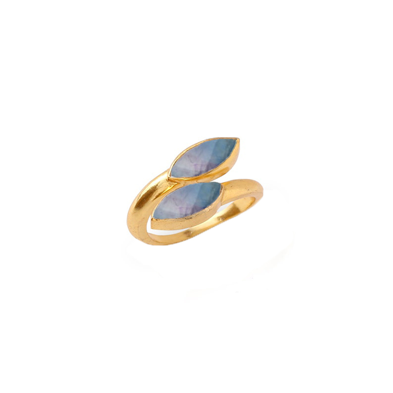 Rainbow Fluorite Gemstone Marquise Shape Gold Vermeil Bezel Set Ring