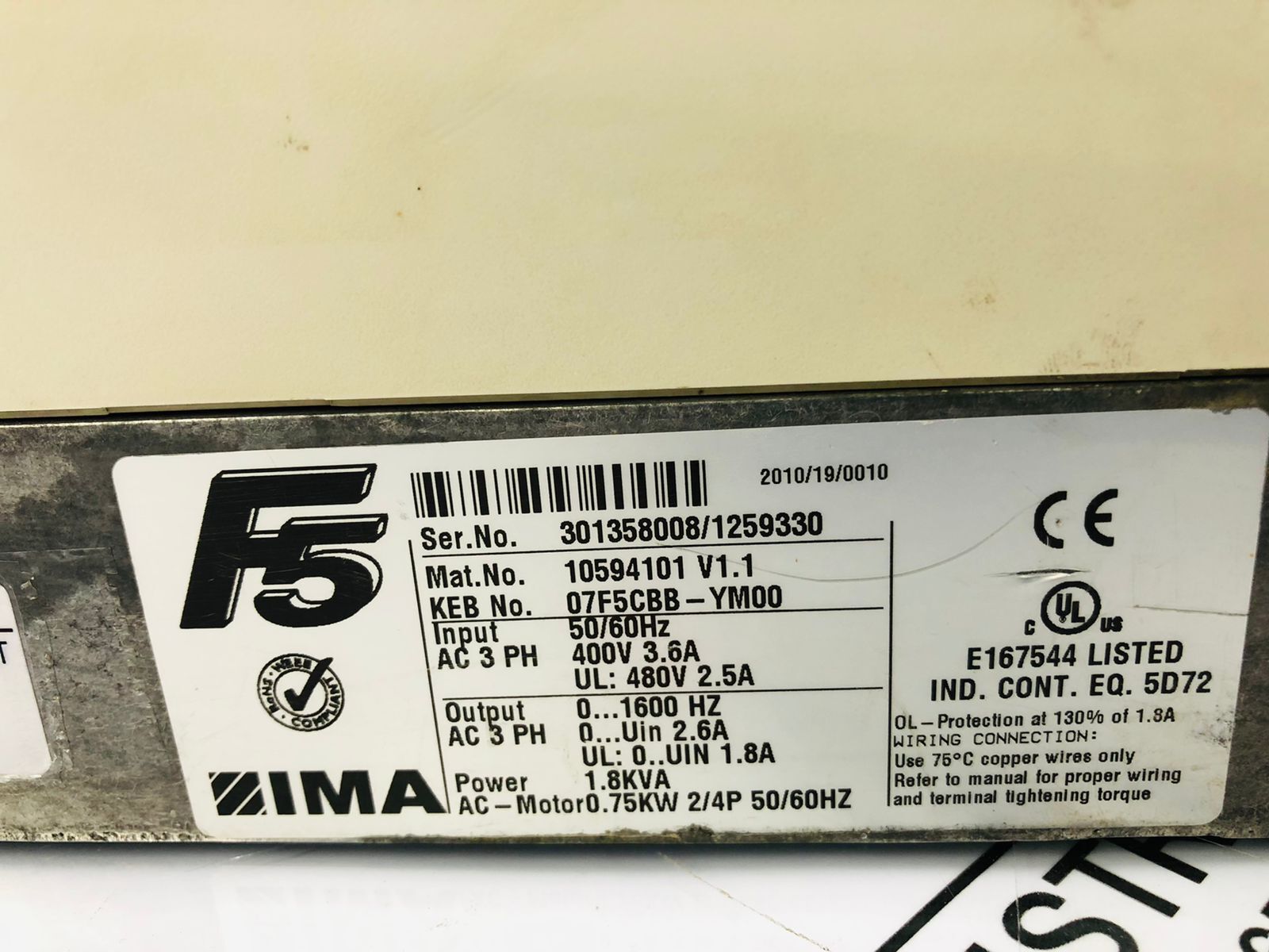 KEB F5 AC SERVO DRIVE 0.75KW 415V  07F5CBB-YM00