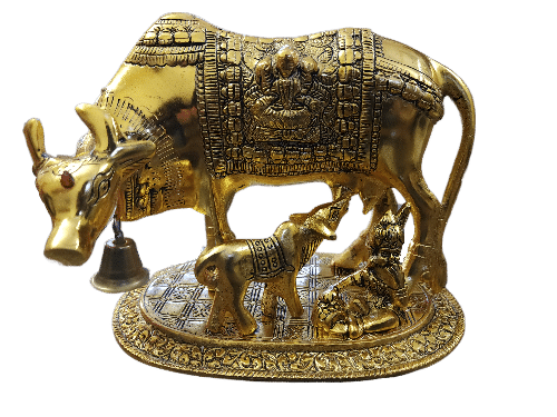 Gold Plated Kamdhenu Cow With Calf And Laddu Gopal