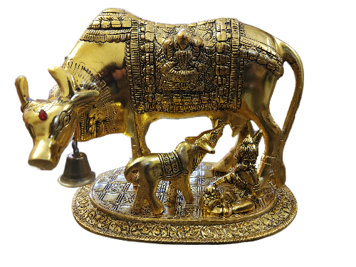 Gold Plated Kamdhenu Cow With Calf And Laddu Gopal