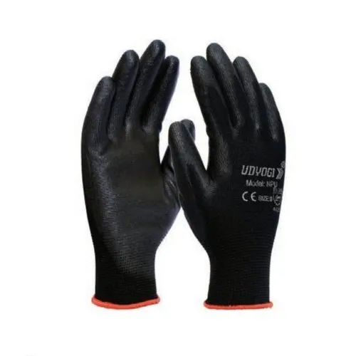 Black Udyogi Pu Coating Polyester Shell Gloves