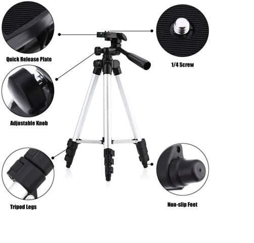 Tripod 3110 Stand with 3-Way Head Tripod 3110 with Mobile Phone Holder Mount Tripod Kit (Silver)