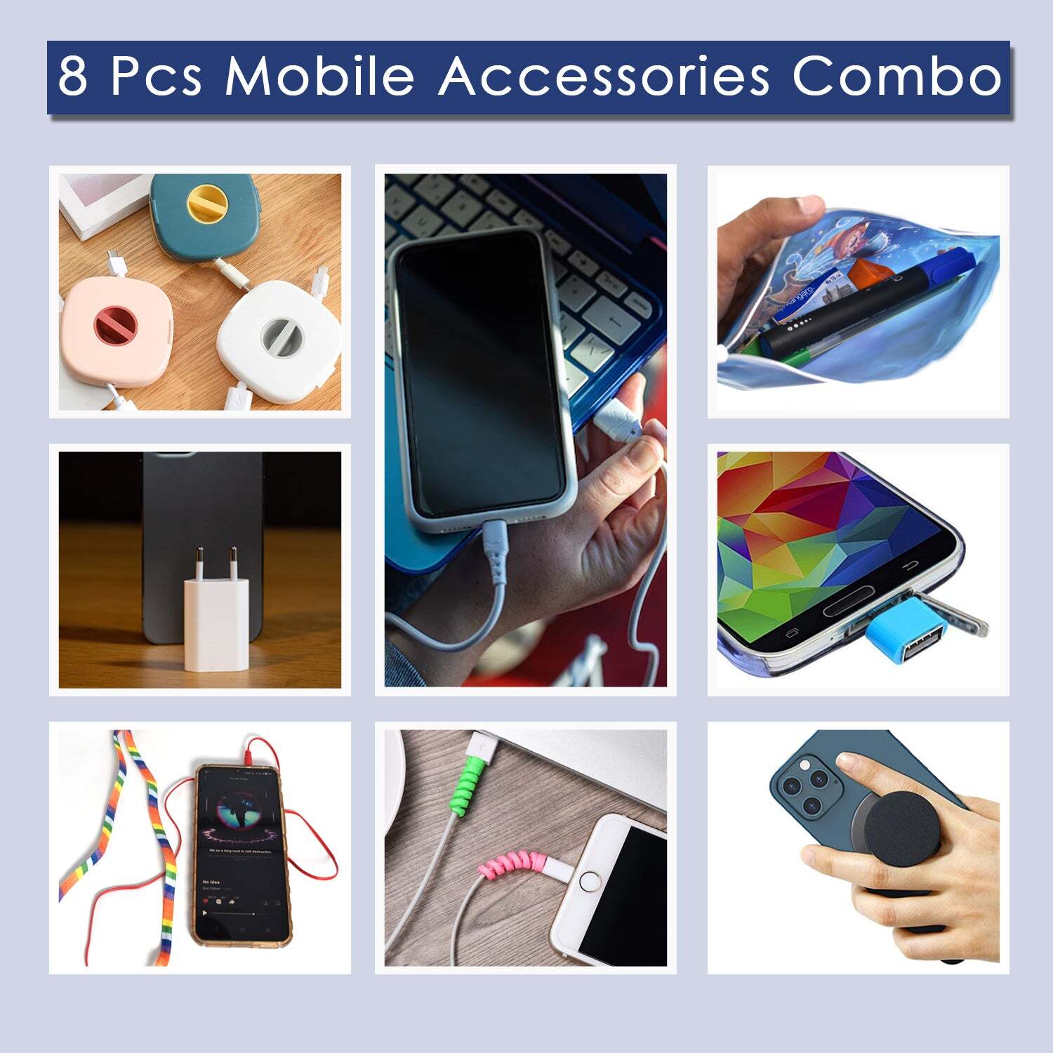 8PCS MOBILE ACCESSORIES COMBO IN ZIP PRINTED POUCH BAG (6218)