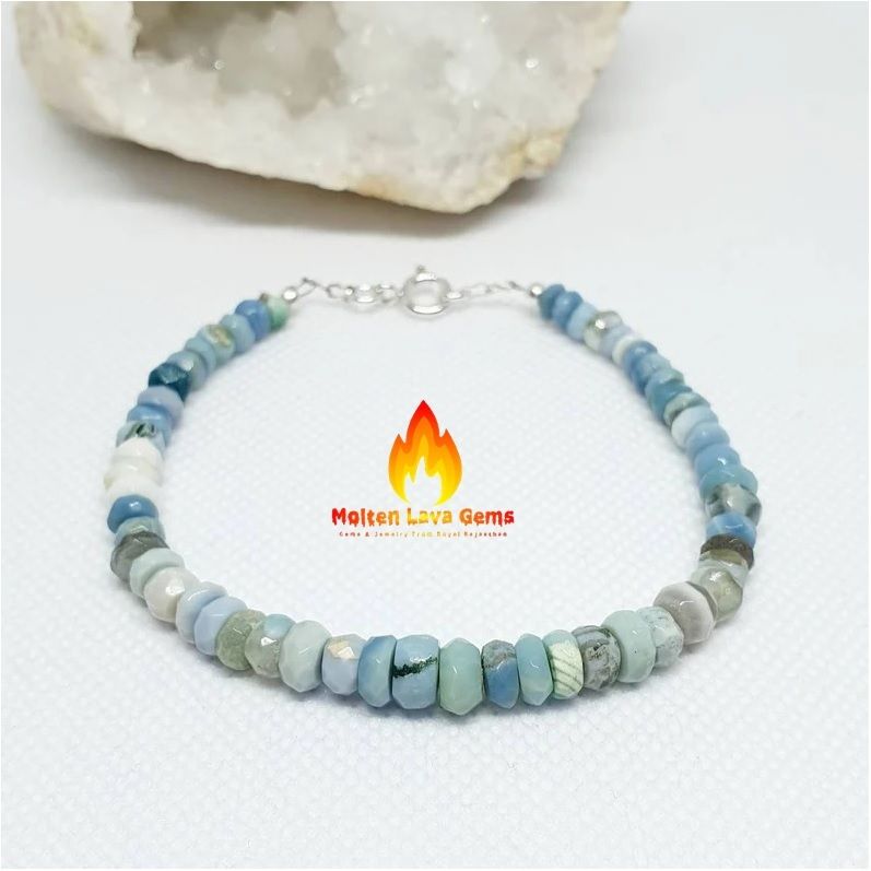 Blue Opal  925 Sterling Silver Bead Bracelet