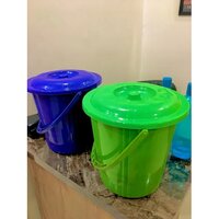 10 Litre Green And Blue Dustbin With Lid And Handle
