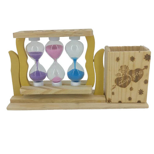 Multicolor Wooden Pen Stand With Hour Glass Sand Timer Clock