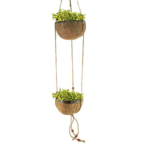 Brown Handmade Coconut Shell Hanging Plant Holder 2-Layer Bowl