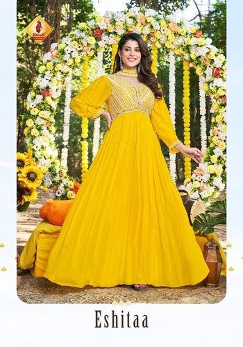 Yellow Designer Floor Touch Gown With Handwork