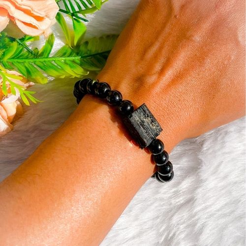 Black Tourmaline Raw and Bead Stretchy  Bracelet