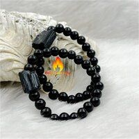 Black Tourmaline Raw and Bead Stretchy  Bracelet