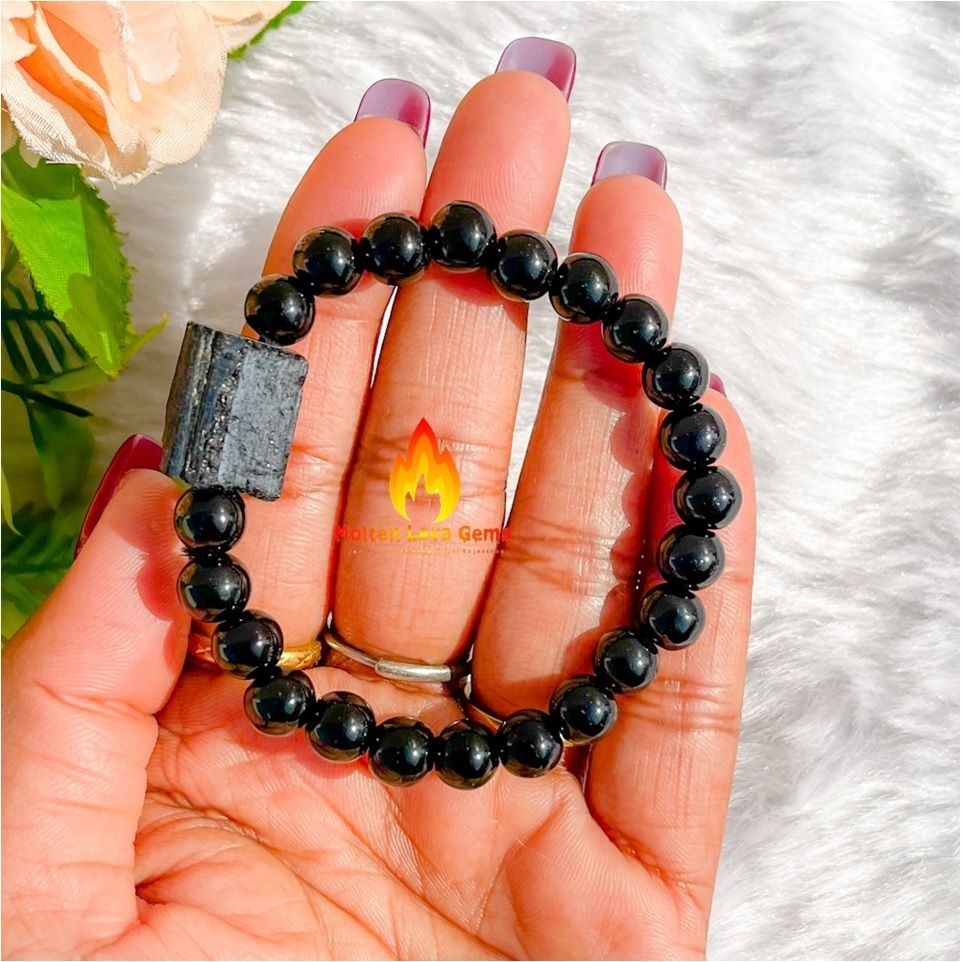 Black Tourmaline Raw and Bead Stretchy  Bracelet