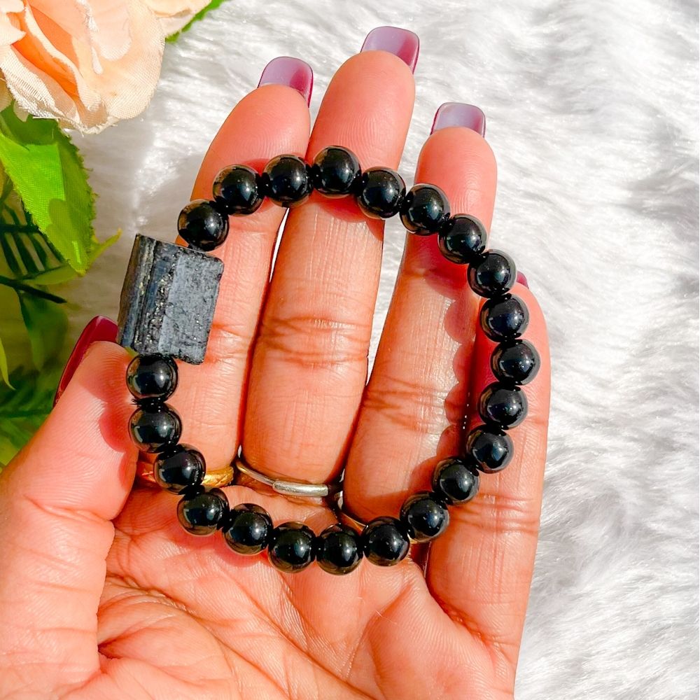 Black Tourmaline Raw and Bead Stretchy  Bracelet