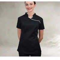 Ladies Spa Uniform - Cotton Blend, Size 36-42, Black With White Piping | Short Sleeve, Washable, Stylish Design For Relaxing Spa Environment
