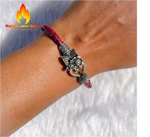 Om Shiv Leather Cord German Silver Damru Bead Bracelet