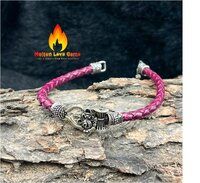 Om Shiv Leather Cord German Silver Damru Bead Bracelet