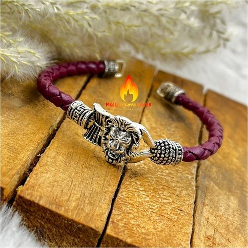 Om Shiv Leather Cord German Silver Lion Face Bead Bracelet