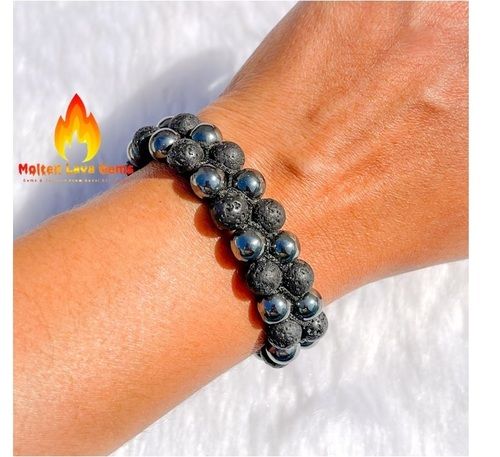 Hematite And Lava Bead Double Layer Bead Stretchy  Bracelet