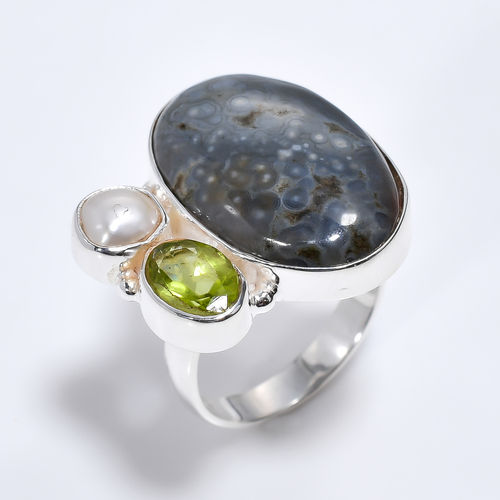 Ocean Jasper Peridot Gemstone 925 Sterling Silver Three Stone Ring Size Us 7 Women Fashion Ring Exporter - Weight: 7.5 Grams (G)