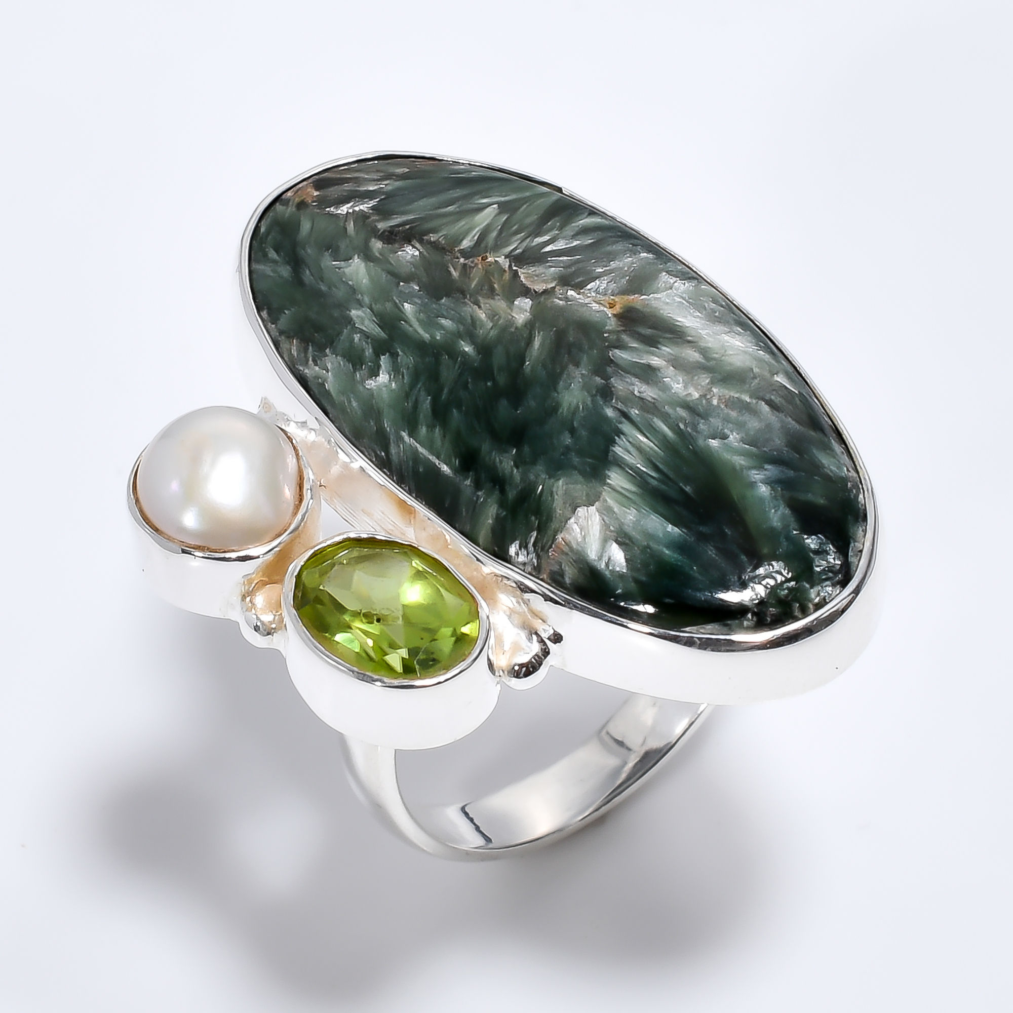 Ocean Jasper Peridot Gemstone 925 Sterling Silver Three Stone Ring Size US 7 Women Fashion Ring Exporter