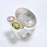 Ocean Jasper Peridot Gemstone 925 Sterling Silver Three Stone Ring Size US 7 Women Fashion Ring Exporter