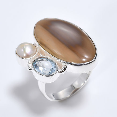 925 Sterling Silver Three Stone Ring Size Us 7 Jasper Blue Topaz Gemstone Ring Girls Fashion Ring Supplier - Gender: Women