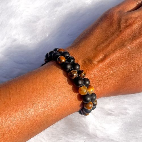 Tiger Eye Black Obsidian Bead Stretchy  Bracelet