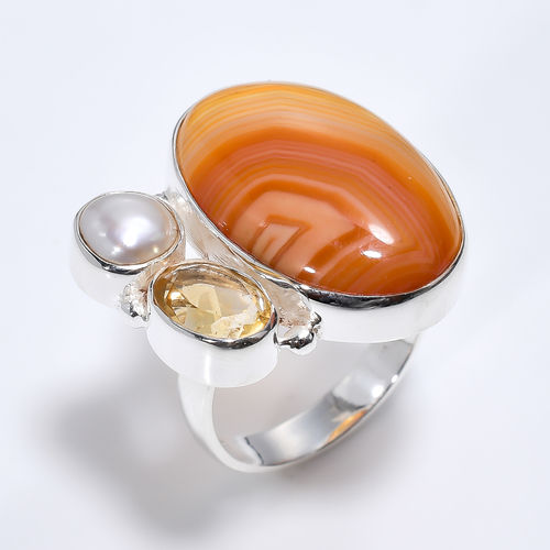 Orange Botswana Agate Citrine Gemstone 925 Sterling Silver Ring Size Us 6 Women Fashion Rings Exporter - Weight: 7.8 Grams (G)