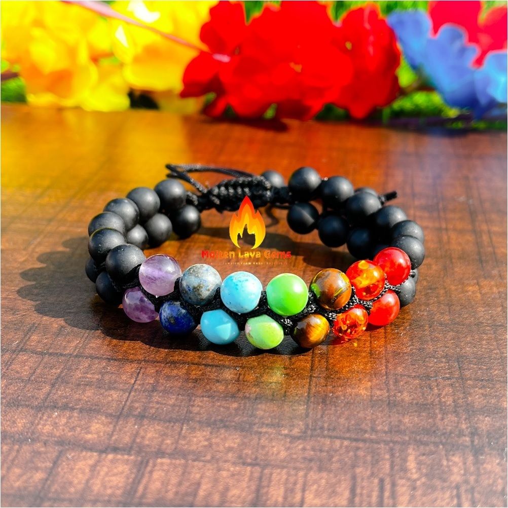 Seven Chakra Bracelet with Lava Beads Stretchy  Bracelet