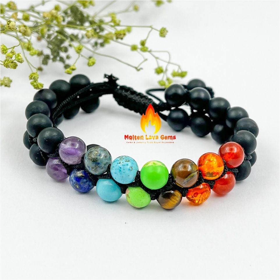 Seven Chakra Bracelet with Lava Beads Stretchy  Bracelet