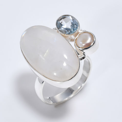 925 Sterling Silver Ring Size US 8 Rainbow Moonstone Blue Topaz Gemstone Ring Women Fashion Rings Exporter