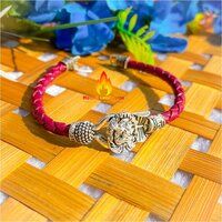 Lion Face Leather German Silver Bead Bracelet